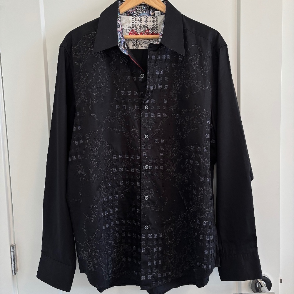 ROBERT Graham Luxury Long Sleeve Dress Shirt, XL, Black Embroidered